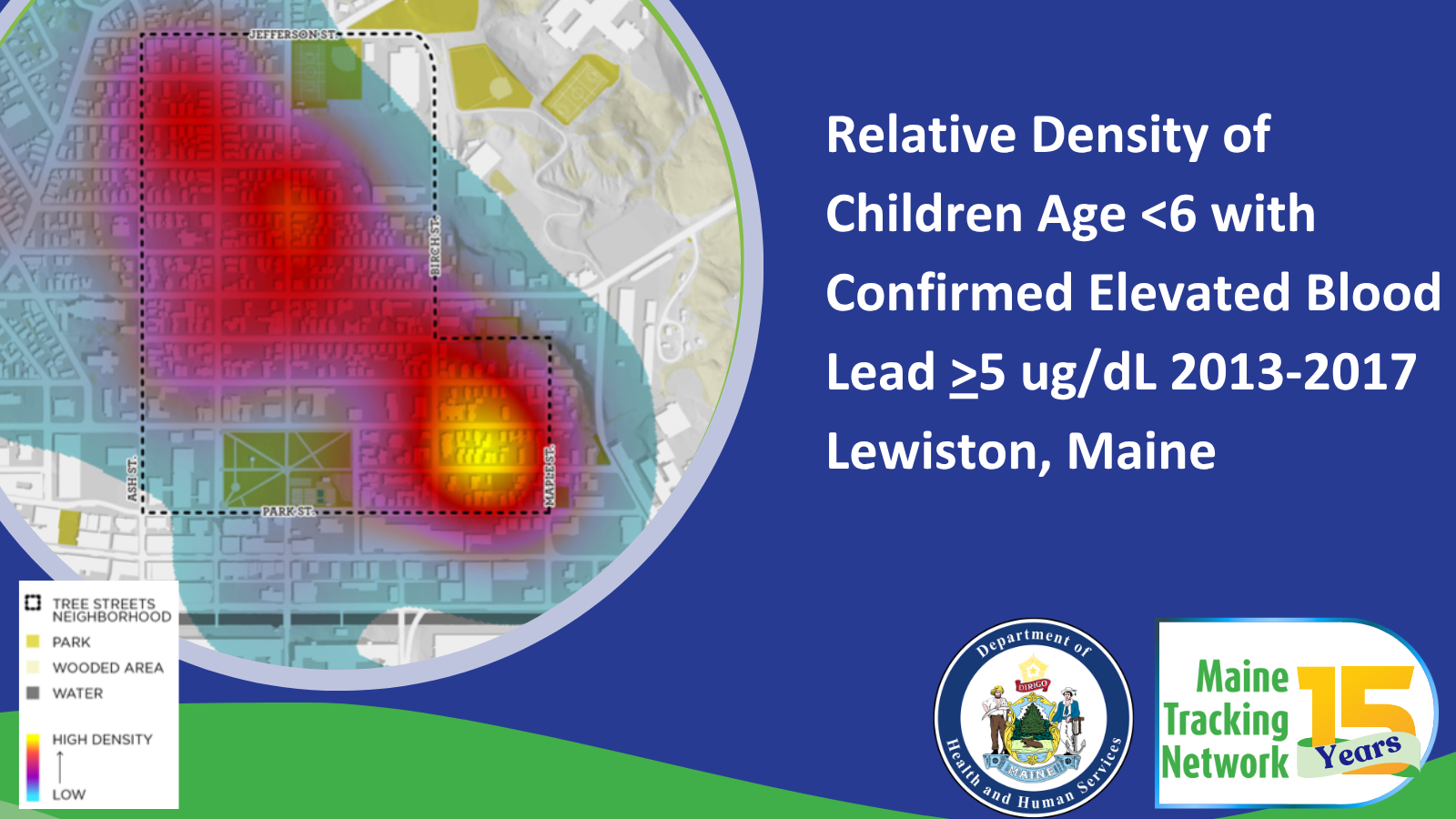 Relative density of Children Age <6 with Confirmed Elevated Blood Lead >5 ug/dL 2013-2017 Lewiston Maine