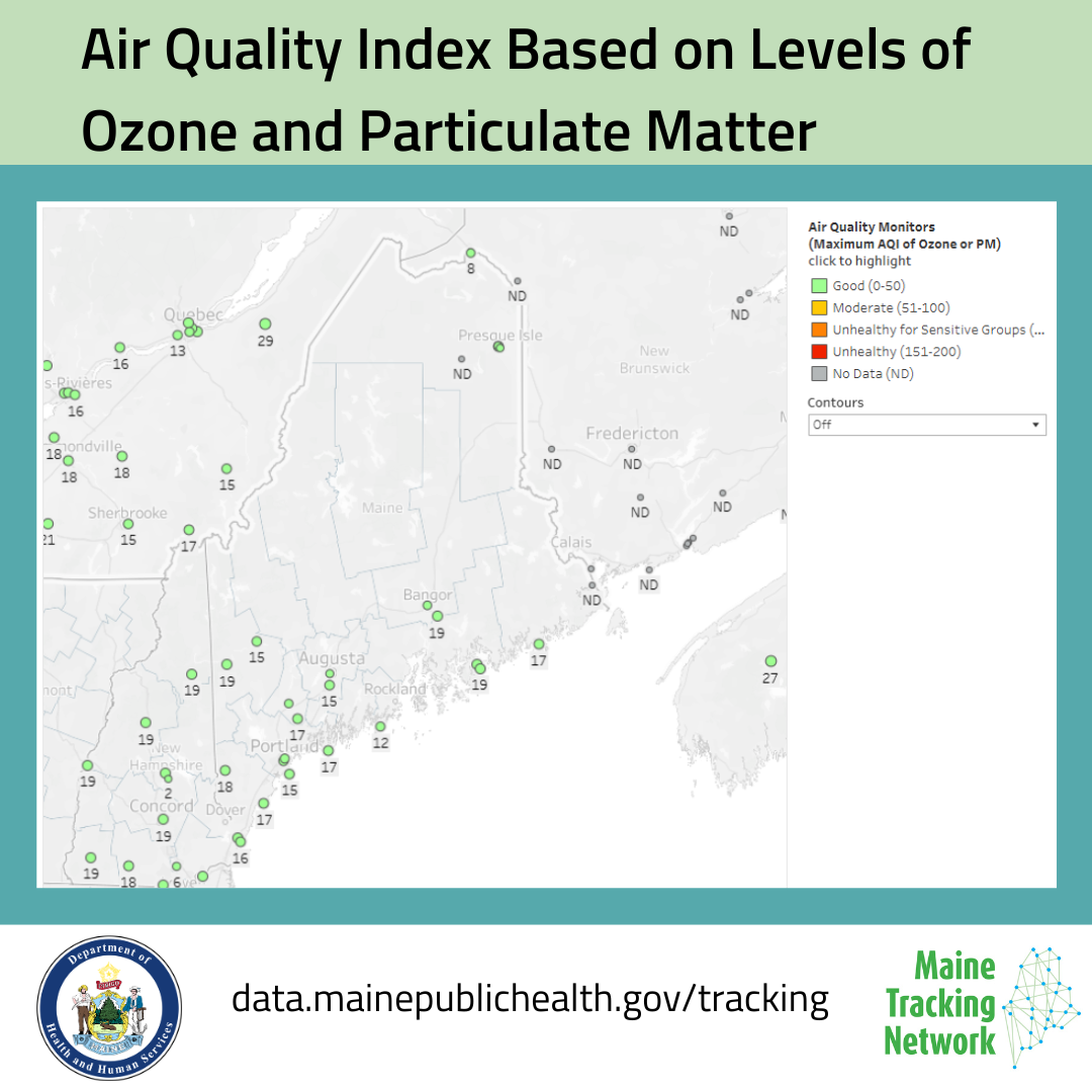 Map of air quality index based on levels of ozone and particulate matter showing all monitoring stations in the 'good' AQI category