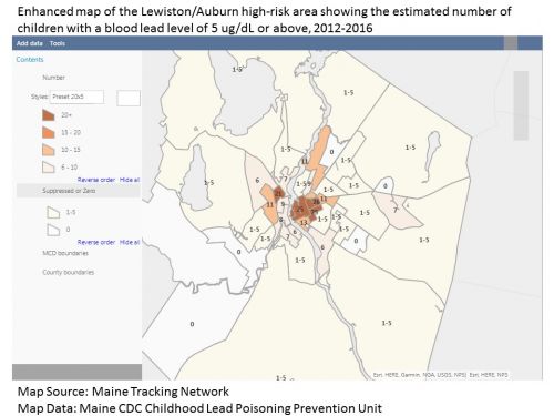 Enhanced map of the Lewiston/Auburn high-risk area showing the estimated number of children with a blood lead level of 5 ug/dL or above, 2012-2016