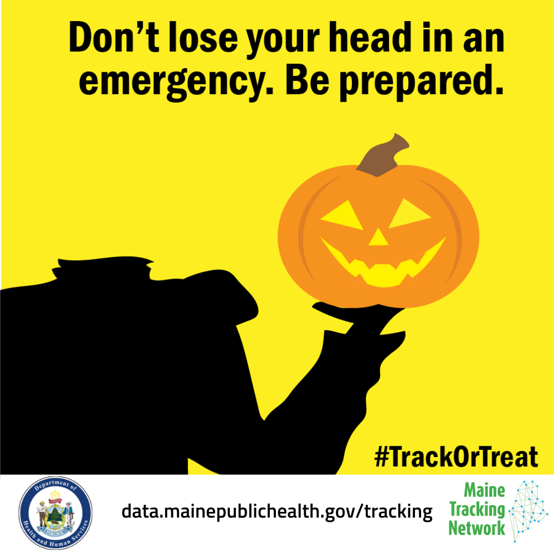 Don't lose your head in an emergency. Be prepared. With a picture of a headless horseman holding a jack-o-lantern