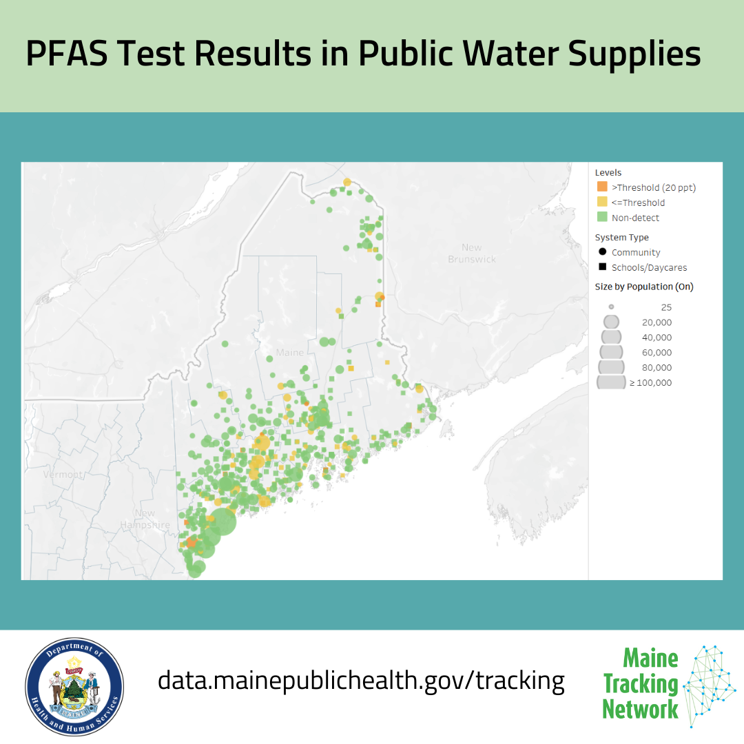 Map of Maine showing test results for PFAS in public water supplies