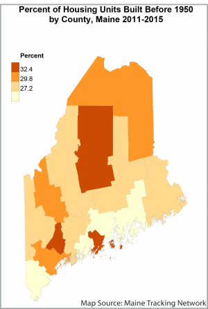 Percent of housing units built before 1950 by county, Maine 2011-2015
