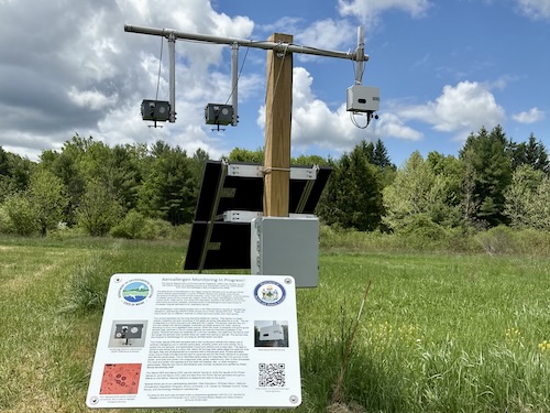 Pollen monitor at Viles Arboretum in Augusta with informational placard