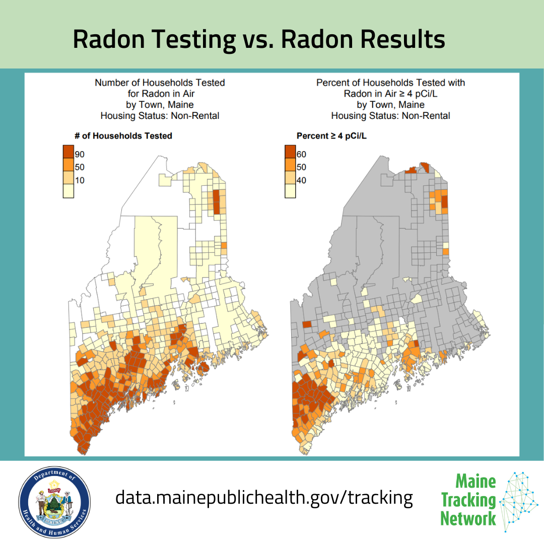 Map or radon testing and radon results for Maine